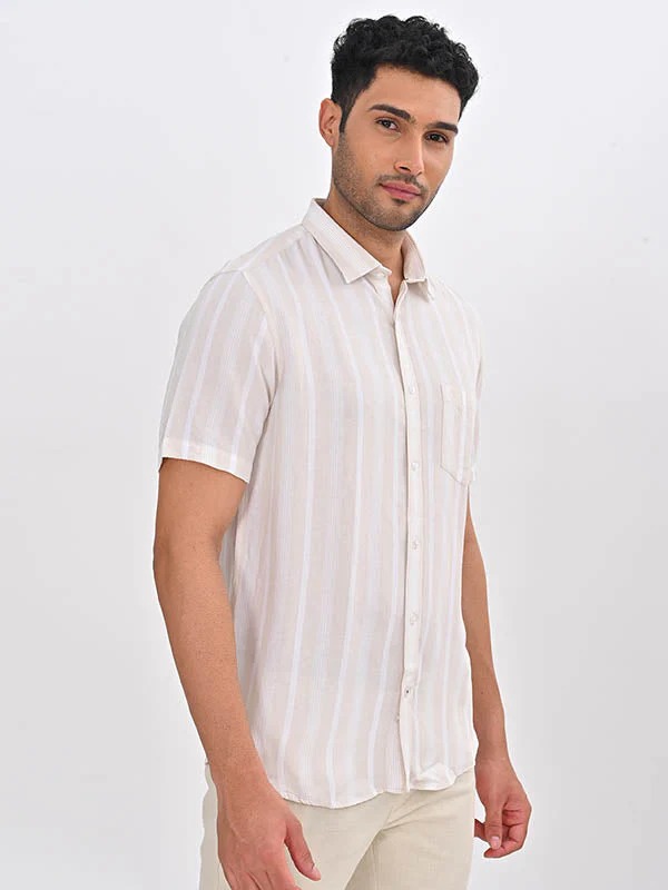 Indian Terrain Men's Regular Fit Half Sleeve Striped Off White Shirt